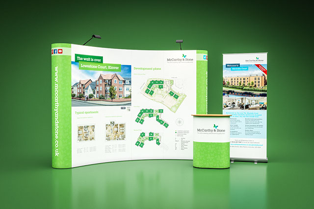 Pop up exhibition stand and lectern design for McCarthy & Stone